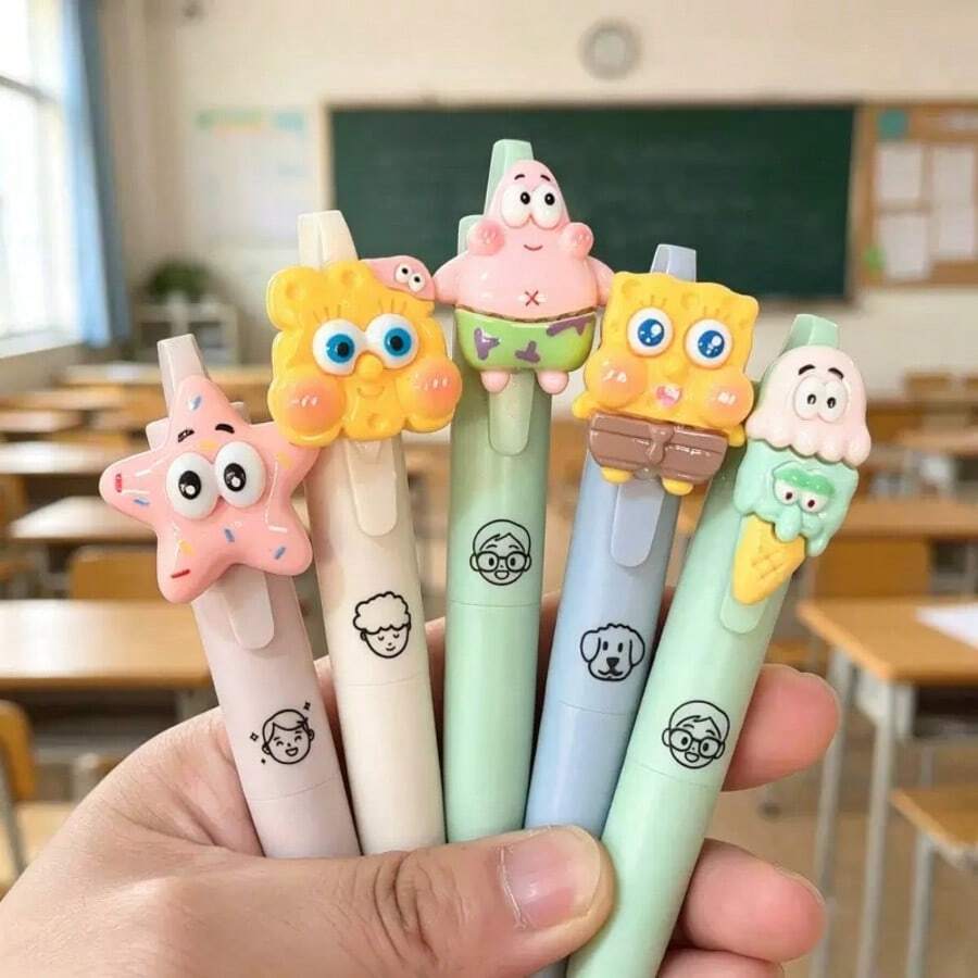 SpongeBob SquarePants Bộ 1/3/5 bút bi mực đen Kawaii 0.5mm, bút bi gel có thể thu vào với đầu hình nhân vật 3D, viết trơn tru, thích hợp cho trường học và văn phòng. - Tròn - Xem 1