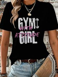 Playera Fitness para Mujer - Diseño "Gym Girl with Attitude" en Tonos Blanco y Rosa - Negro - Ver 3