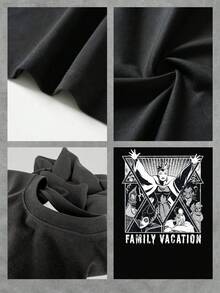 Gráfico que muestra figuras de fantasía reunidas bajo una composición geométrica simbolizando fuerza unión y equilibrio familiar con detalles artísticos en contraste blanco y negro camiseta de mujer  casual cómoda y moderna para uso diario - Negro - Ver 4