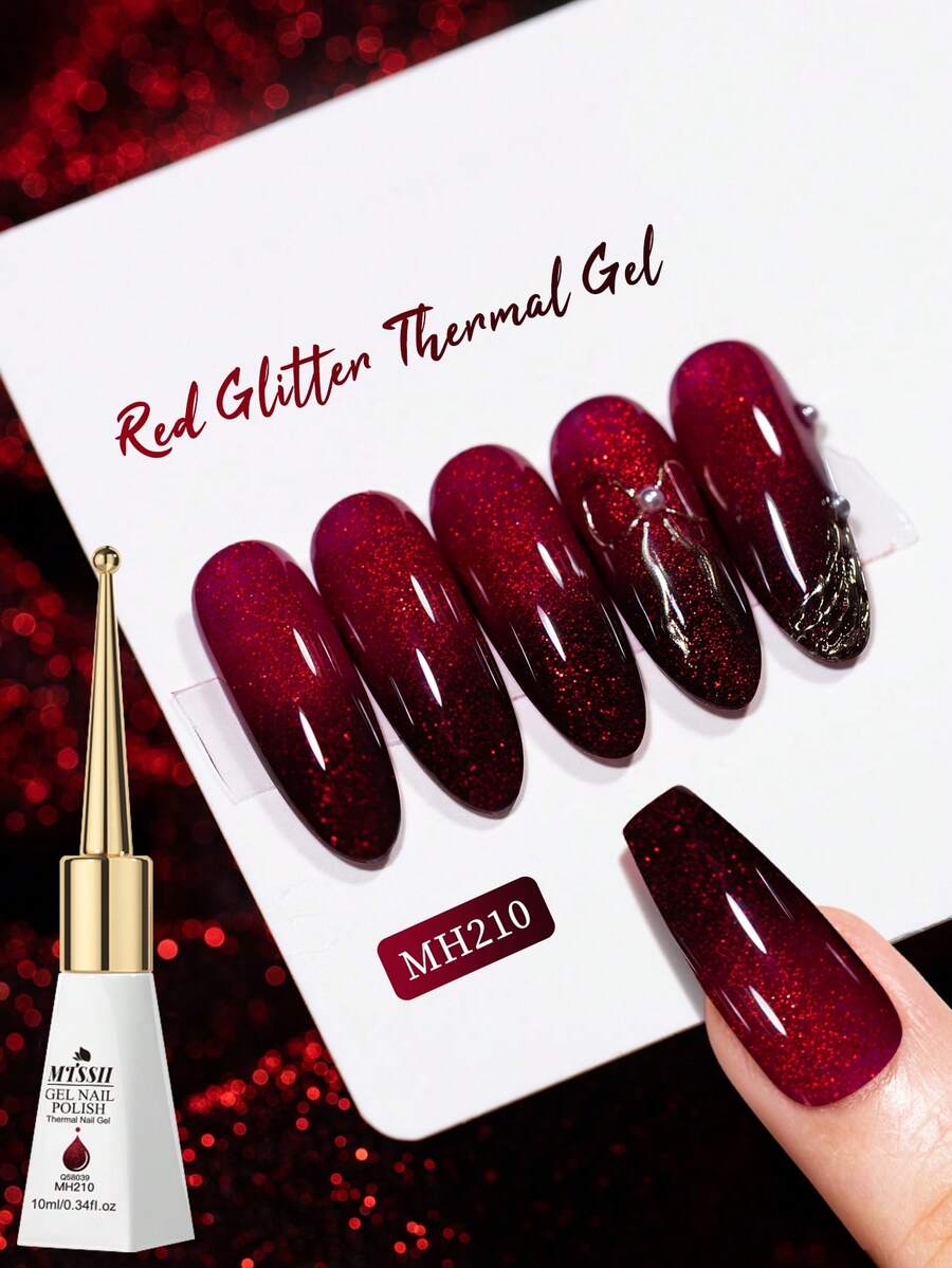Mtssii 10ml Red Glitter Thermal Gel Nail Polish, Temperature Color Changing Dark Red Sparkly Soak Off UV/LED Nail Varnish, Long Lasting Shiny Nail Art For Halloween & Daily Use - Multicolor - View 1