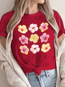 Camiseta oversize roja de verano para mujer con estampado de hibiscos tropicales Camiseta casual roja de manga corta con flores hibisco, ideal para looks de playa y verano - YH415-Rojo - Ver 1