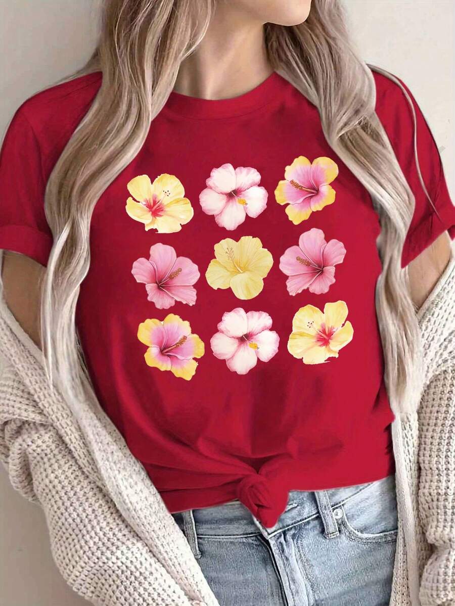 Camiseta oversize roja de verano para mujer con estampado de hibiscos tropicales Camiseta casual roja de manga corta con flores hibisco, ideal para looks de playa y verano - YH415-Rojo - Ver 1