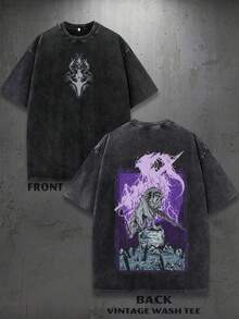 Fashionable Unisex Crew Neck T-Shirt, Printed On Both Sides, With An Abstract Symbol Pattern On The Front And A Retro Design Of A Mythical Creature With A Purple Lightning Bolt And Sword On The Back. | Machine Washable | Comfortable In All Seasons | 100% Pure Cotton | Retro Japanese Street Style, Relaxed Fit, High-Quality Promotional Item In High Demand. - Black - View 7