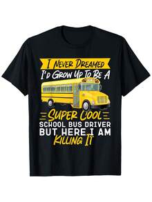 Camiseta de Conductor de Autobús Escolar, Adecuada para Unisex, Estilo Casual, Cuello Redondo, Manga Corta para Exteriores, Ligeramente Elástica, 100% Algodón, Tallas S-XXXL - Negro - Ver 1