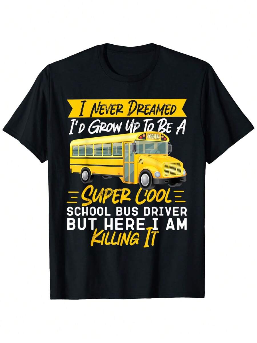 Camiseta de Conductor de Autobús Escolar, Adecuada para Unisex, Estilo Casual, Cuello Redondo, Manga Corta para Exteriores, Ligeramente Elástica, 100% Algodón, Tallas S-XXXL - Negro - Ver 1