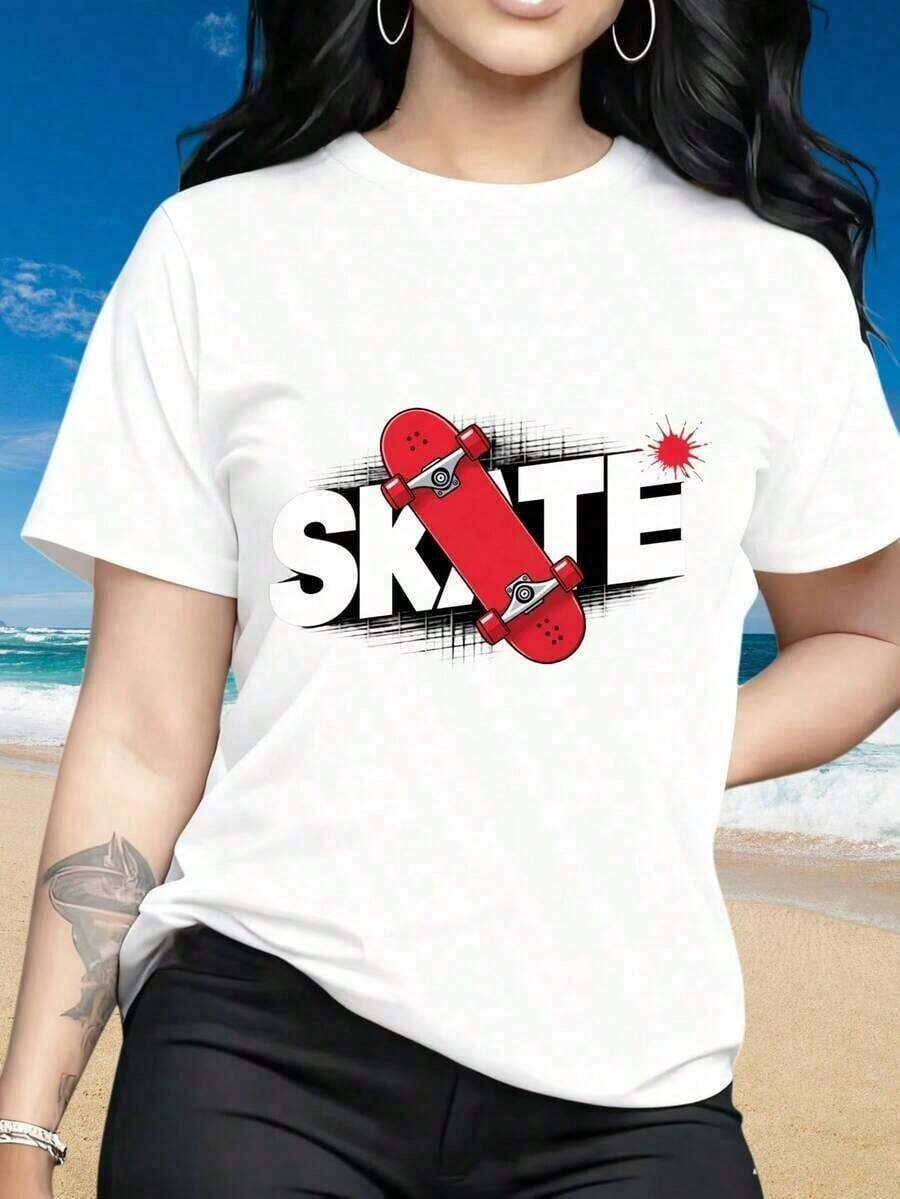 Mujeres Informal Redondo Cuello Corto Manga Impreso Camiseta casual Calle Estilo Mujeres Camiseta Patineta Gráfico Verano Playa Desgaste Regalo Para Patineta Adecuado para entusiastas Para Navidad Deportes de Grupo ActividadesVacacionales Partiesingssports Y Otros Vacaciones Regalos (220 g). Conjuntos de Verano para Mujer, Ropa Fresca de Verano - Blanco - Ver 1