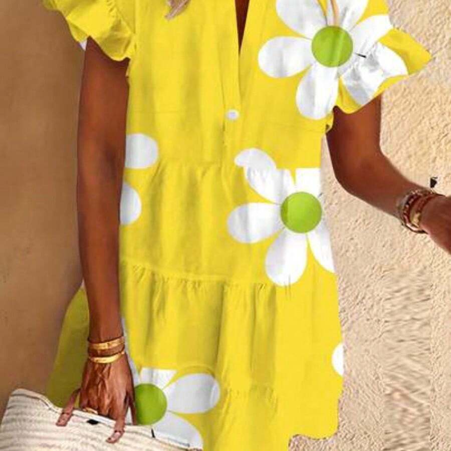 Plus Size Women's Casual Floral Print Ruffle Sleeve Dress, Woven Fabric With 4-Way Stretch, 120G, Suitable For Vacation And Travel Elegant Summer - Amarillo - Ver 1