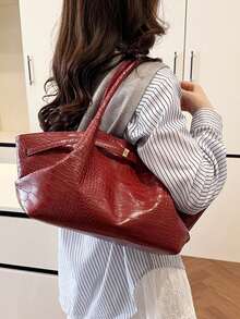 Bolso de tote de gran capacidad, nuevo bolso de hombro/axila de mujer con pliegues y estampado de cocodrilo - Rojo - Ver 3