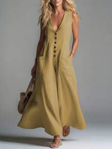 Vestido nuevo de primavera-verano para mujer, estilo casual, unicolor, escote V profundo, bolsillos de parche, diseño favorecedor, perfecto para looks de día, paseos y ocasiones informales - Amarillo - Ver 5