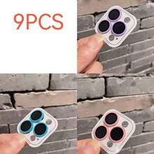 9 piezas Película protectora de lente de cámara multicolor, adecuada para iPhone 11-17 Pro Max y otros modelos, con protección de vidrio templado, diseño de color dopamina, combinación personalizable, protector de lente de cámara trasera - 3 azules + 3 rosas + 3 morados - Ver 2