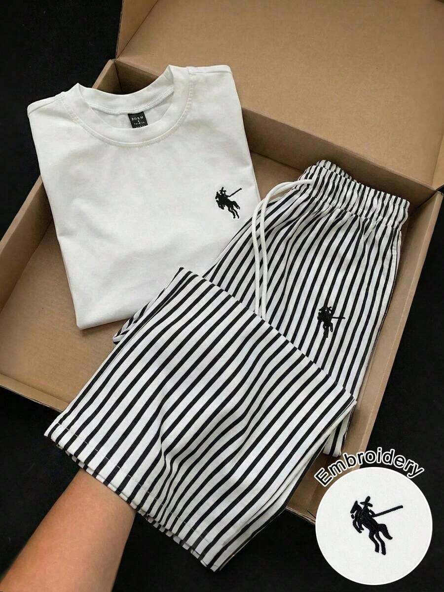 Conjunto de 2 piezas de camiseta corta de manga corta con cuello redondo y cintura fruncida bordada de moda casual para mujer, y pantalones rectos de pierna suelta con estampado de rayas y cintura elástica con cordón - Multicolor - Ver 1
