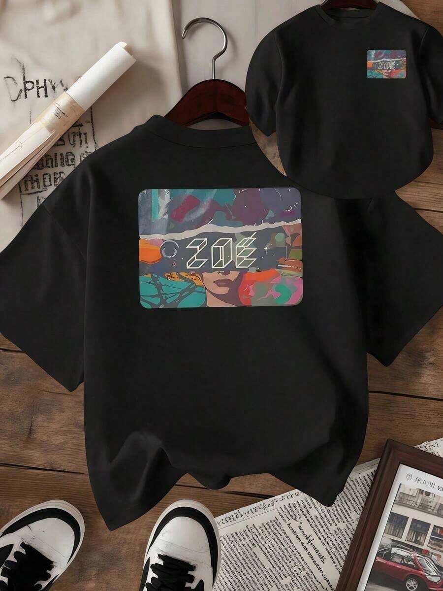 GiftArte abstracto que mezcla tonos vivos mostrando una figura femenina con gafas y horizonte colorido simbolizando libertad creatividad y energía contemporánea Camiseta mujer doble cara estampada casual moderna cómoda para uso diarioSoft - Negro - Ver 1