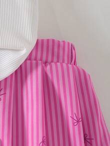 Conjunto de 2 piezas de top de punto acanalado de cuello en V blanco + falda con estampado de lazo a rayas verticales para niñas, adecuado para uso diario, actividades al aire libre y eventos, primavera/verano - Rosa Fucsia - Ver 3