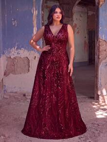 Faeriesty Elegant Sleeveless V-Neck Evening Gown, Adorned With Intricate Embroidery And Shimmering Sequins - A Luxurious Formal Dress Suitable For Weddings, Red Carpet Events, And Formal Galas, Also An Ideal Choice For Summer Vacations. Party Spring - 酒紅色 - 查看 1