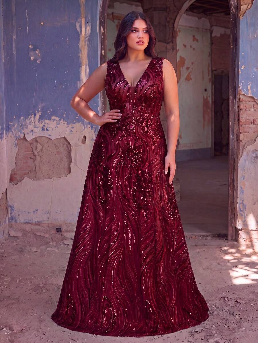 Faeriesty Elegant Sleeveless V-Neck Evening Gown, Adorned With Intricate Embroidery And Shimmering Sequins - A Luxurious Formal Dress Suitable For Weddings, Red Carpet Events, And Formal Galas, Also An Ideal Choice For Summer Vacations. Party Spring - 酒紅色 - 查看 1
