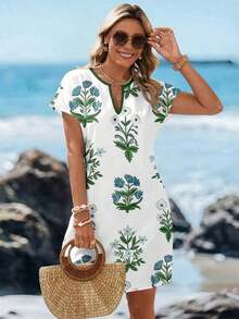 Vestido corto minimalista casual con cuello en V, adecuado para primavera y verano, ropa de verano para mujer, a rayas de colores, ropa de resort para mujer - Multicolor 10 - Ver 7