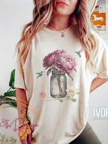 Camiseta con Estampado de Colibrí y Flores Silvestres, Camiseta Floral, Natural, para Aventuras al Aire Libre, Botánica, Camiseta Oversize, Vintage, Estilo Cottage - Blanco 10 - Ver 7