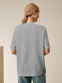 Camiseta de algodón casual con cuello redondo blanco y adornos de diamante de imitación para mujeres - Gris - Ver 2