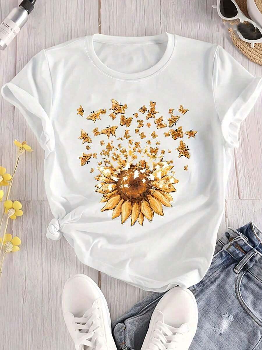 Casual T-Shirt With Sunflower Print - With Bow Design - Casual Round Neck, Short Sleeve, Spring/Summer T-Shirt - Unisex Loose Cotton T-Shirt With Short Sleeves And Urban Vintage Style Round Neck. - 白色的 - 查看 1