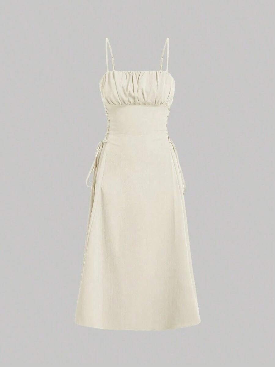 MOD Vestido de tirantes unicolor pecho con fruncido con cordón lateral - Albaricoque - Ver 1