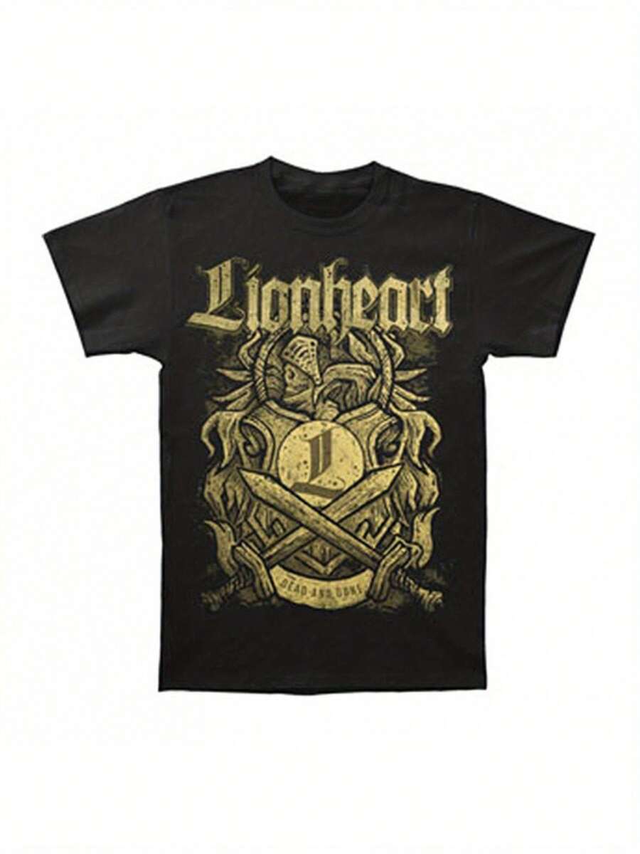Camiseta de manga corta transpirable para hombre con estampado de Lionheart Dead And Gone - Estilo bohemio, cuello redondo, con diseño de espadas cruzadas y león, lavable, corte regular, ropa casual, cuello redondo clásico, una camiseta de manga corta adecuada para el hogar, uso diario, fiestas y viajes-perfecta como regalo para amigos o familiares. - Negro - Ver 1