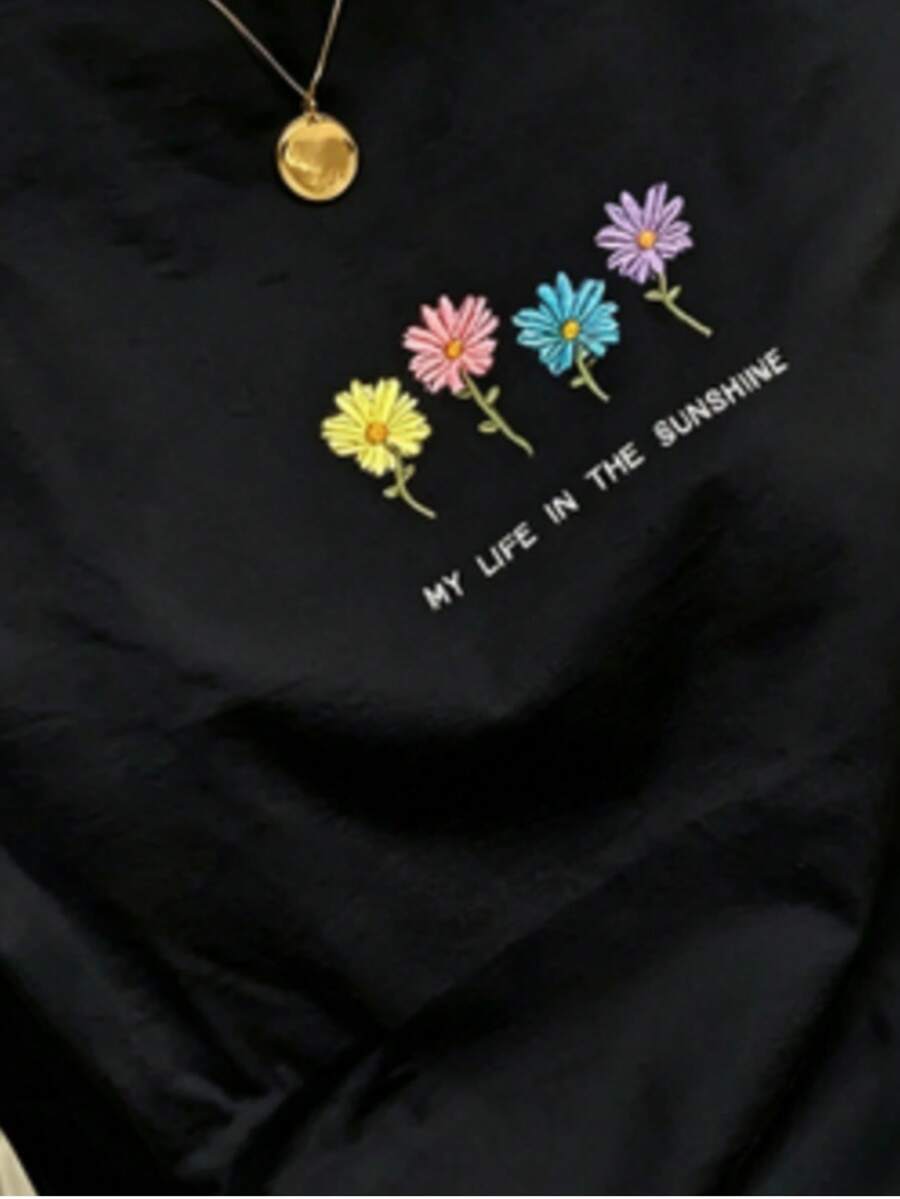 Women's Round Neck Short Sleeve T-Shirt With Multicolored Embroidered Flowers "My Life In The Sunshine" Casual - Black - View 1