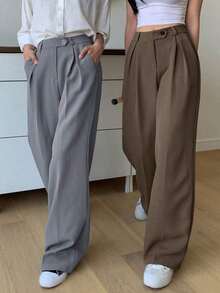 1 pieza Pantalón de vestir de cintura alta con bolsillos en diagonal, atuendo de negocios para mujer - Marrón - Ver 5