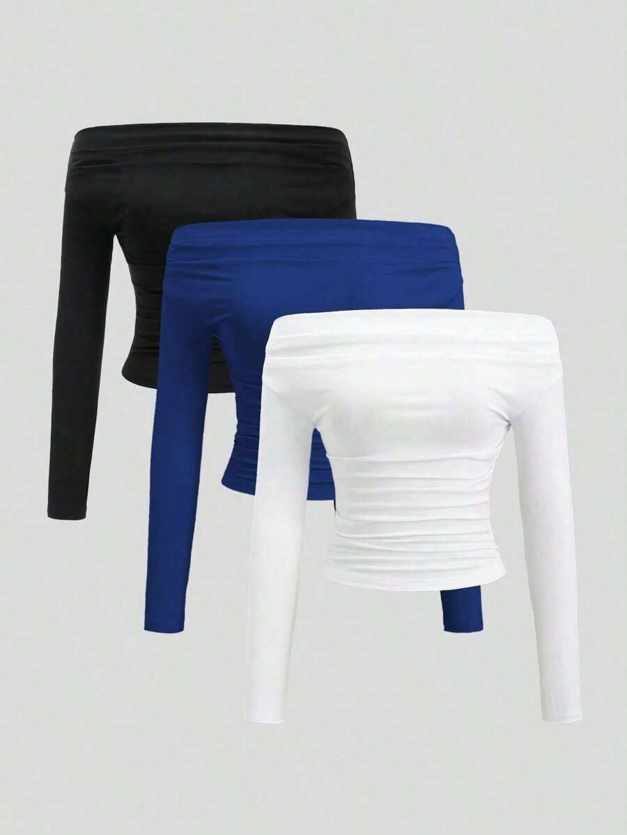 Conjunto de 3 piezas para mujer: Blusa de manga larga hombros descubiertos, blusas cortas entalladas, cómodas y amigables con la piel, versátil y estilizador - Multicolor 17 - Ver 1