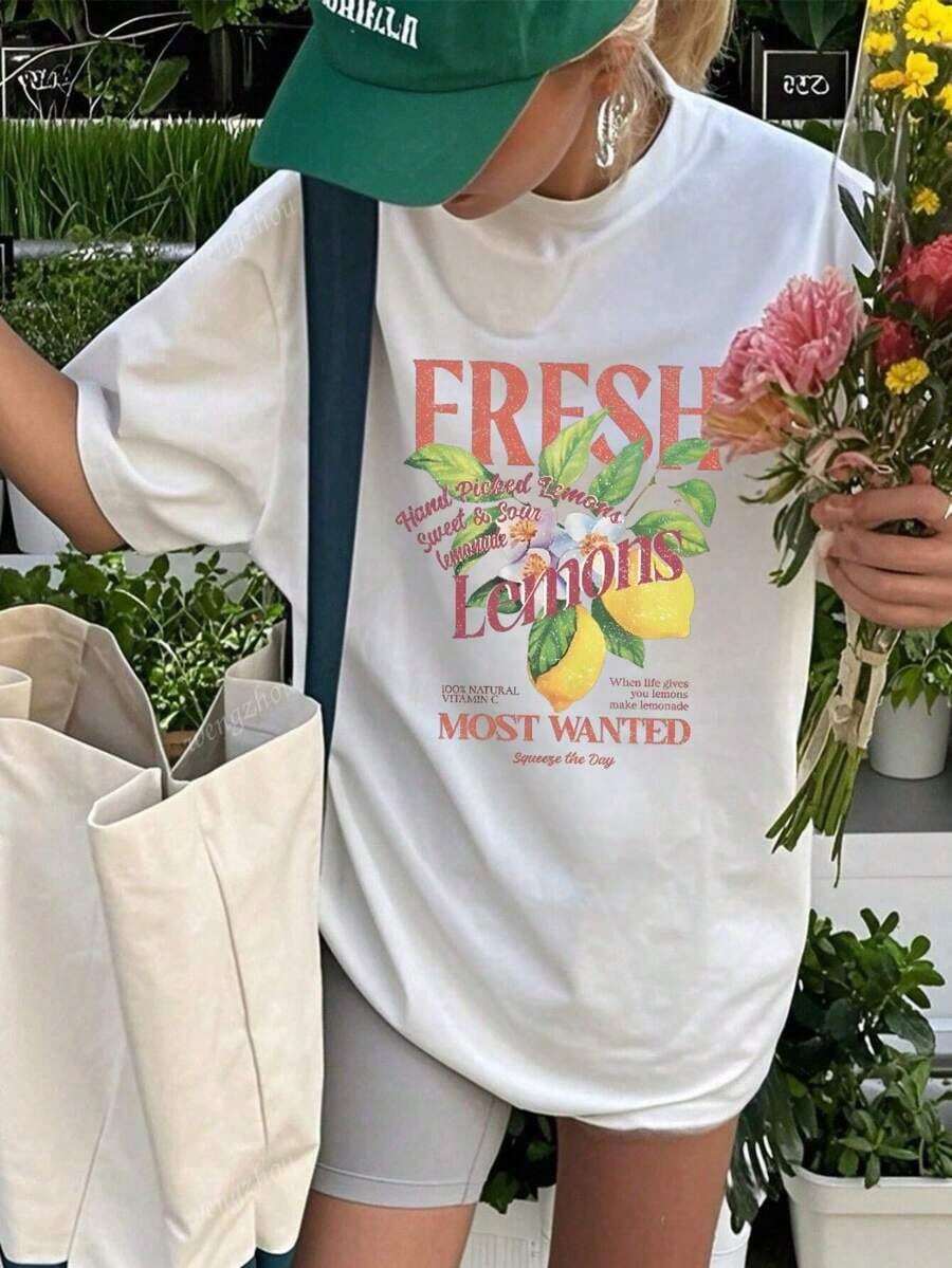 Camiseta para Mujer con Estampado de Frutas, Cuello Redondo, Manga Corta, Diseño Oversized, Ideal para Verano - Blanco - Ver 1