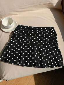 Minifalda acampanada fruncida con estampado de lunares para el verano - Negro - Ver 4