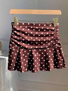 Minifalda acampanada fruncida con estampado de lunares para el verano - Marrón - Ver 2