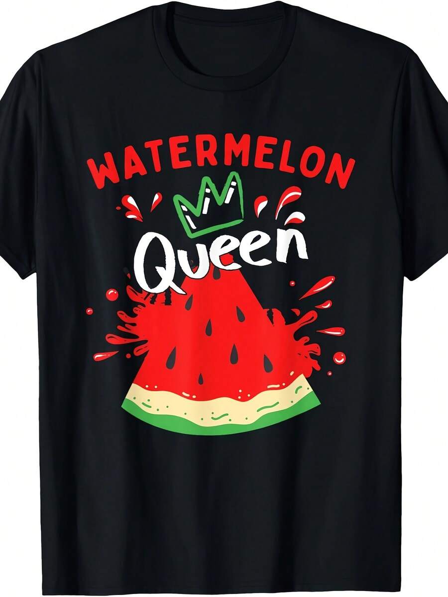 Camiseta manga corta cuello redondo 100% algodón, estampado trendy, tejido ligero y ventilado, estilo moda casual, apta para vida diaria, salidas informales y citas en primavera, verano y otoño - Negro - Ver 1