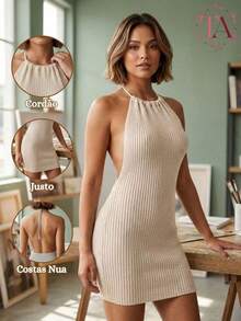 Vestido Curto Feminino Tricot Costas Nua Alcinha Frente Única Canelado Tricô Moda Verão - Ferrugem - Visão 3