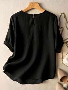 2026 Nueva camisa de verano para mujer, camisa casual de color naranja con parches, ribete de encaje teñido, mangas abullonadas, corte holgado, cuello redondo, manga corta, camisa de mujer con parches de encaje teñido, camisa naranja de mujer, camisa de mujer con ribete de encaje y parches, atuendo de primavera - Negro - Ver 2