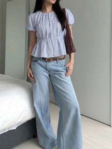Camisa de mujer con mangas cortas y rayas, uso casual de oficina - Azul y blanco - Ver 4