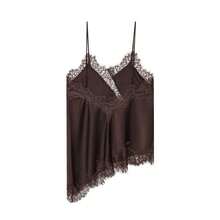 Camiseta de tirantes con decoración de encaje y bajo asimétrico, estilo europeo y americano de moda para mujer, Camellia - Marrón - Ver 2