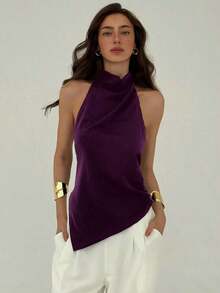 Blusa de mujer de unicolor con cuello halter, pliegues y bajo asimétrico - Morado - Ver 3