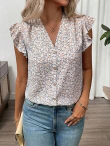 Clasi Blusa de mujer de verano con cuello en V y mangas cortas con estampado floral - Blanco - Ver 4