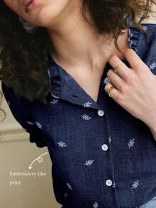 Camisa azul de mujer con cuello con volantes, mangas de pétalos y textura de tela suave, estilo francés casual de vacaciones, primavera/verano - Azul marino - Ver 2