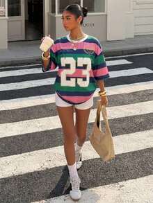 Camiseta de manga corta de cuello redondo holgada con estampado de estrella de contraste de color azul y rojo, número 67 y rayas, de estilo retro casual para mujer, adecuada para el verano, la temporada deportiva y la Copa del Mundo - Multicolor 12 - Ver 5