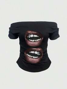 Camiseta minimalista de un solo color y hombros descubiertos para mujer, para uso diario - Negro 2 - Ver 3