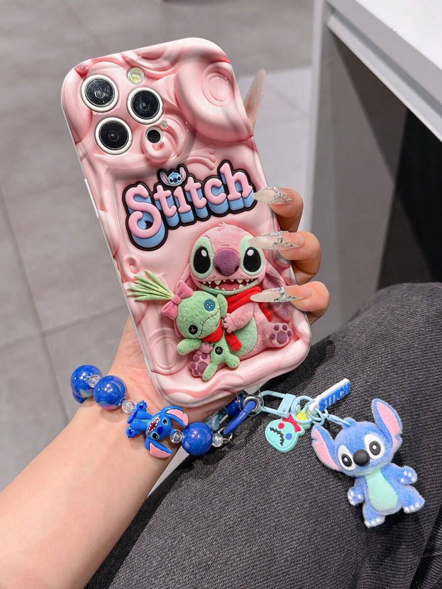 Disney Has Authorized, Phone Case - Chain Set, The Stitch Lilo & Stitch 3D Phone Case Plus A Silicone 3D Stitch Bracelet With Metallic Ring Removable Bracelet, Stitch And Angel Pattern, Compatible With Iphone17/16/15/14/13/12/11/XS/XR/X Plus Pro Max, A Stylish Cartoon Phone Case, The Perfect Gift Choice, Phone Protection, Durable Phone Cover, Great Gift For Friends And Family. - 白色 - 查看 1