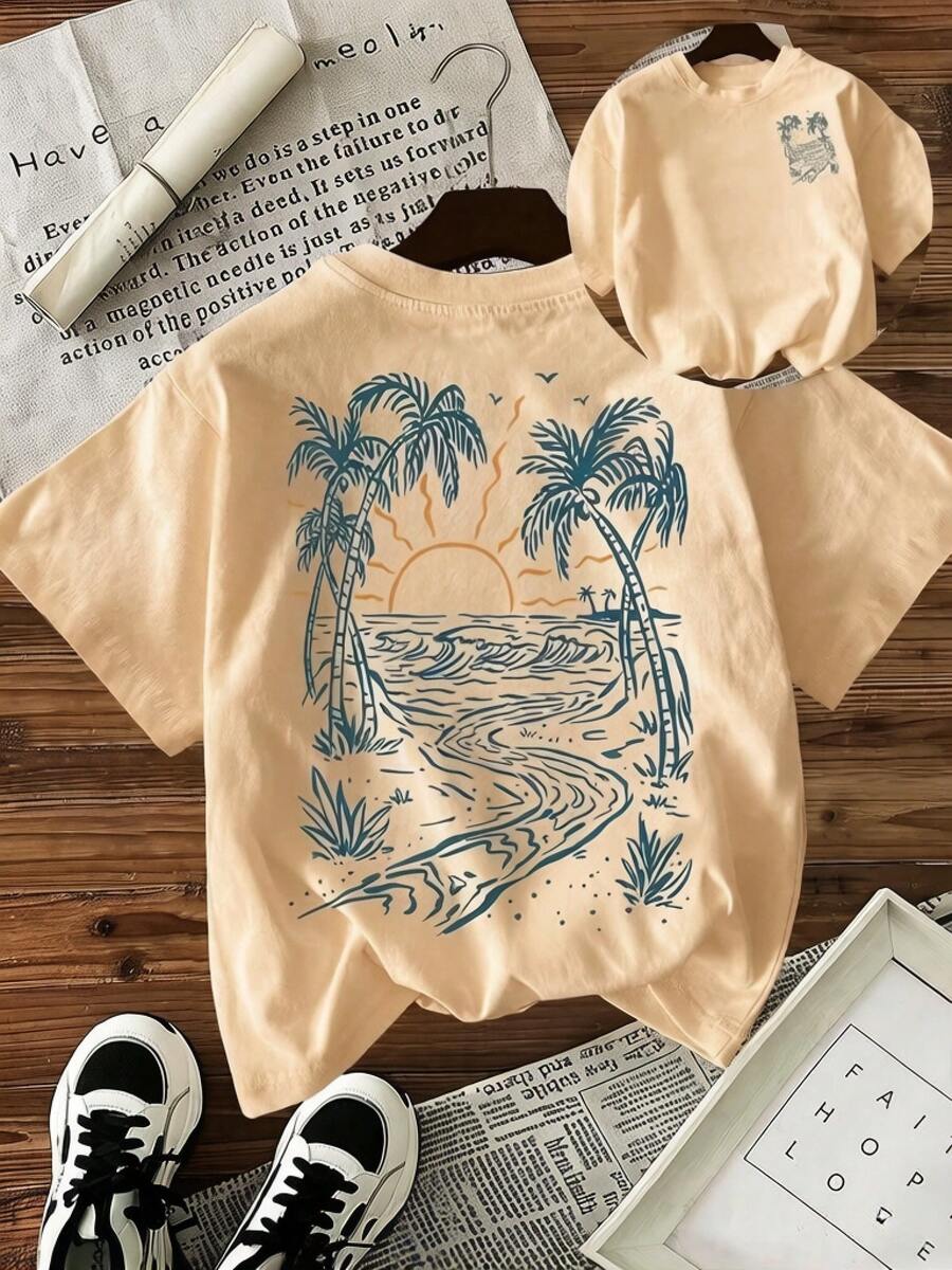 Camiseta informal de manga corta y cuello redondo para mujer con estampado de palmeras tropicales al atardecer. - Albaricoque - Ver 1