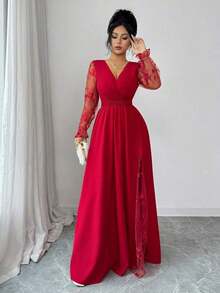 Vestido elegante de mujer con cuello en V profundo, parche de encaje, manga larga y abertura alta, adecuado para graduación, vacaciones, Día de San Valentín, festivales de música, Día de la Madre, Acción de Gracias, Pascua, Día Nacional, bailes, citas, fiestas, bodas, actividades al aire libre, primavera/verano - Rojo - Ver 6