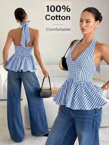 Blusa de moda para fiesta con cuello halter, corbata y fruncido en el diseño - Celeste - Ver 7