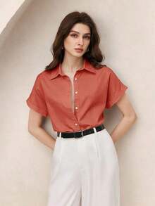 Nueva llegada Camisa casual de manga corta con botones delanteros de unicolor, adecuada para uso diario, primavera/verano - Naranja - Ver 8