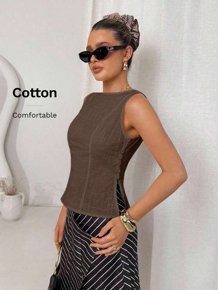 Camisa blanca de lino sin mangas, ajustada, con botones de nudo de bambú, estilo vintage para oficina - Café integral - Añade 3
