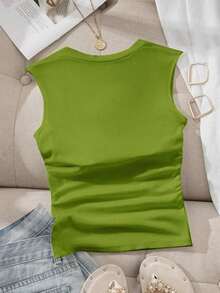 Camiseta ajustada con cuello cuadrado acolchado para mujer, primavera/verano - Verde Oliva - Ver 2