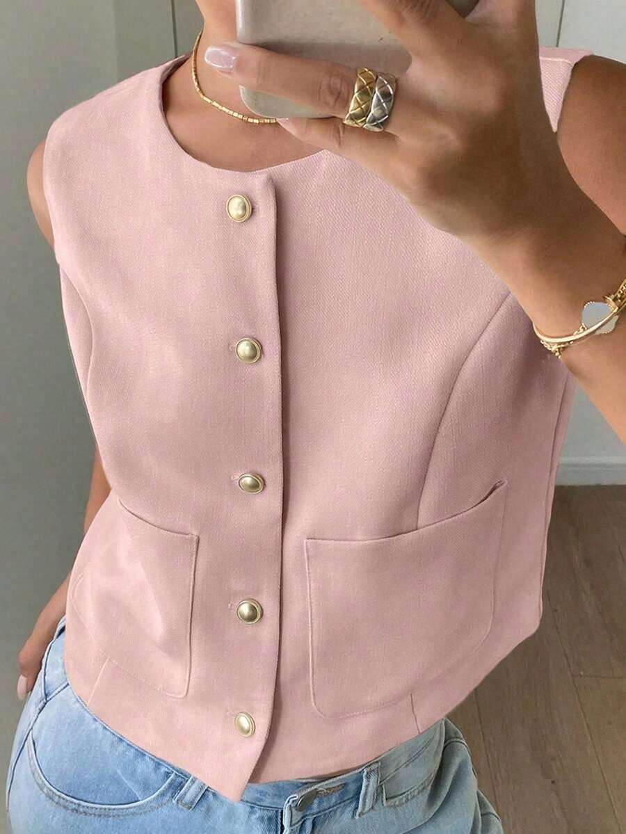 Chaqueta ajustada sin mangas de cuello redondo de unicolor para mujer, primavera y verano - Rosa 2 - Ver 1