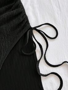 Vestido de mujer con textura de gofre tejido, diseño ajustado con abertura y cordón, adecuado para fiesta, cita, sexy, té de la tarde, playa, verano, festival de música, temporada de bodas - Negro - Ver 7